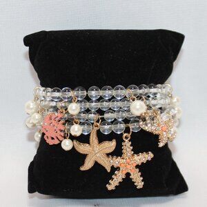 Starfish Four-strand Clear Bead and Faux Pearl Stretch Bracelet